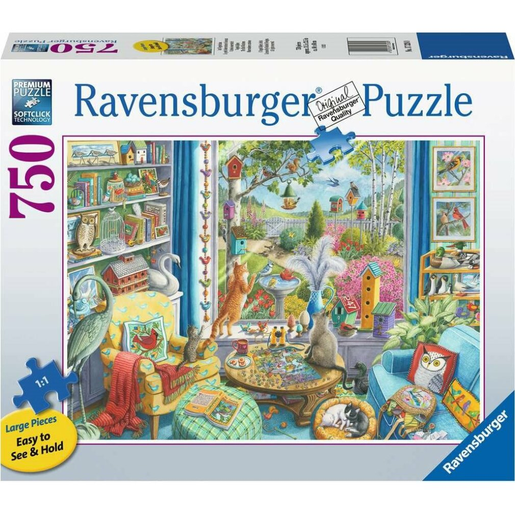 Puzzledose zeigt eine Raumszene mit Katzen, Vögeln und einem Gartenblick durch ein Fenster. Das Puzzle ist von Ravensburger.