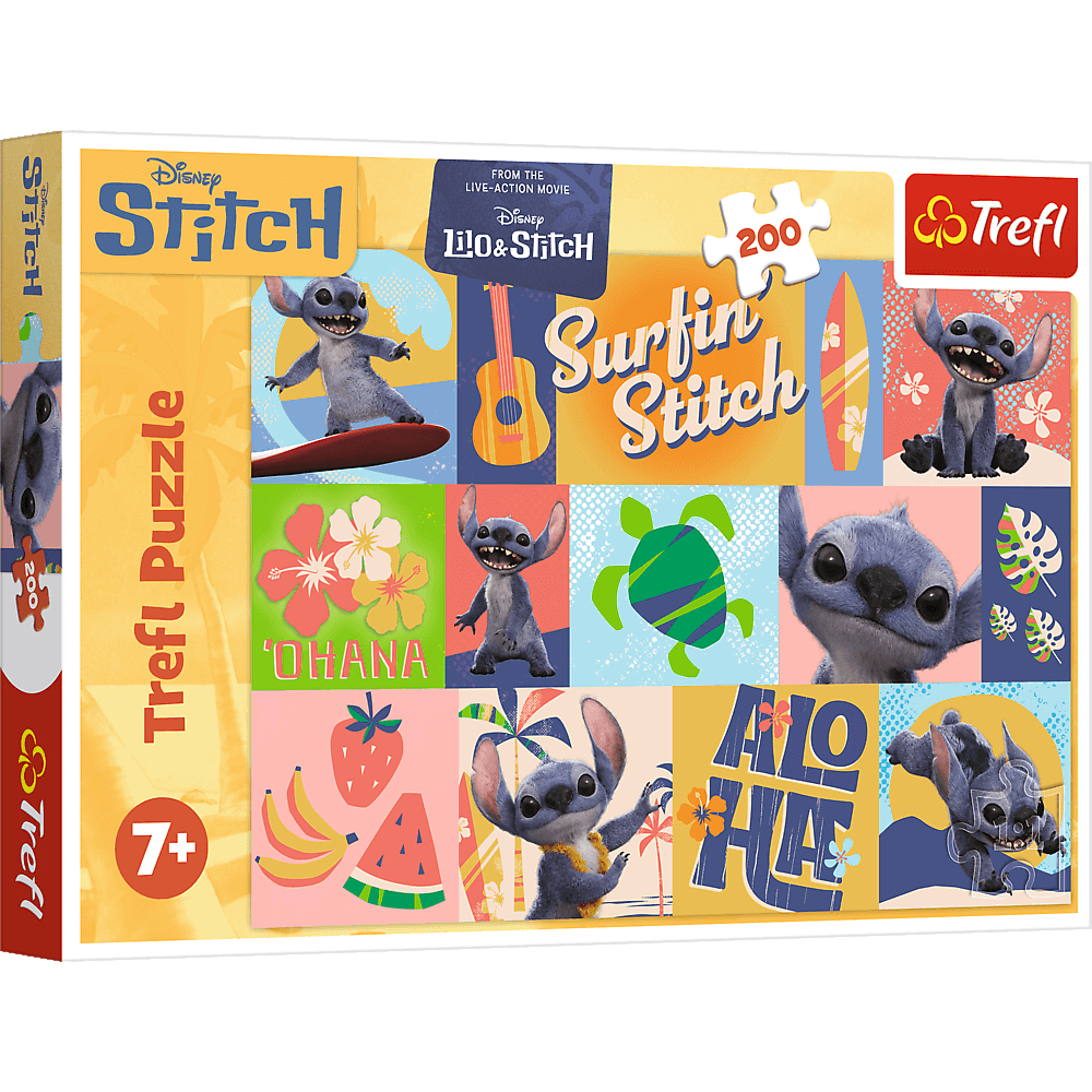 Eine Trefl-Puzzledose. Sie zeigt Stitch von Lilo & Stitch. Die Box ist gelb und rot mit mehreren Bildern von Stitch.