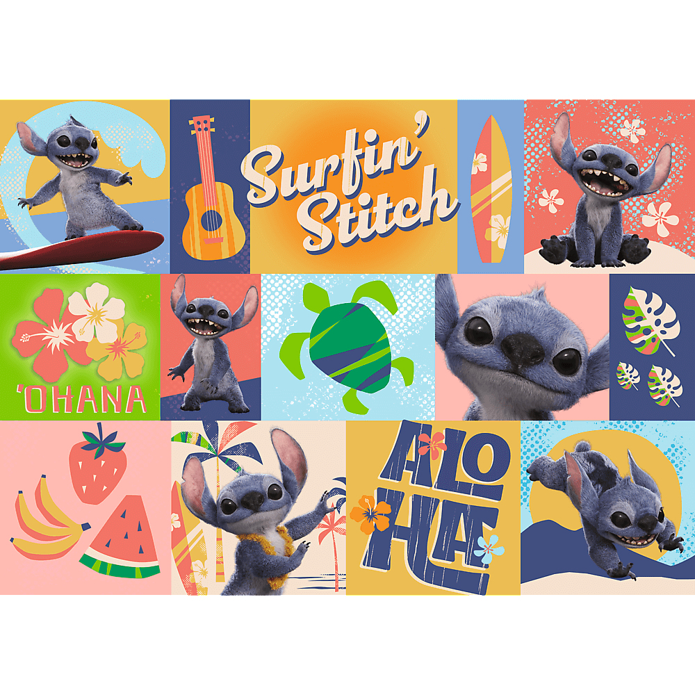 Eine bunte Collage mit Stitch aus Lilo & Stitch. Enthält Stitch beim Surfen, mit einer Gitarre und mit tropischen Blumen und Früchten.