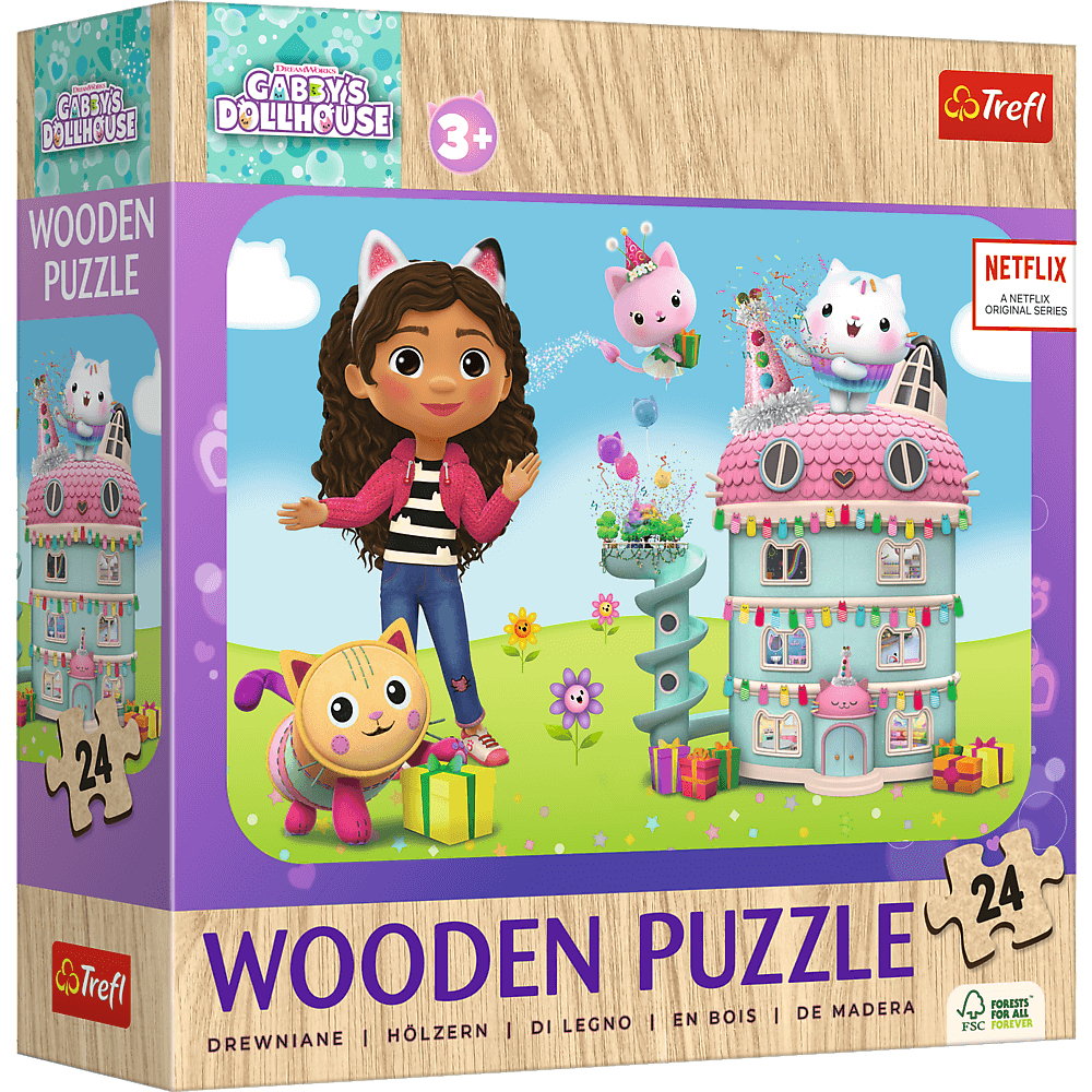 Une boîte de puzzle en bois Gabby's Dollhouse. Gabby, des personnages de chats, une maison de poupée et des cadeaux sont montrés. La boîte a 24 pièces.