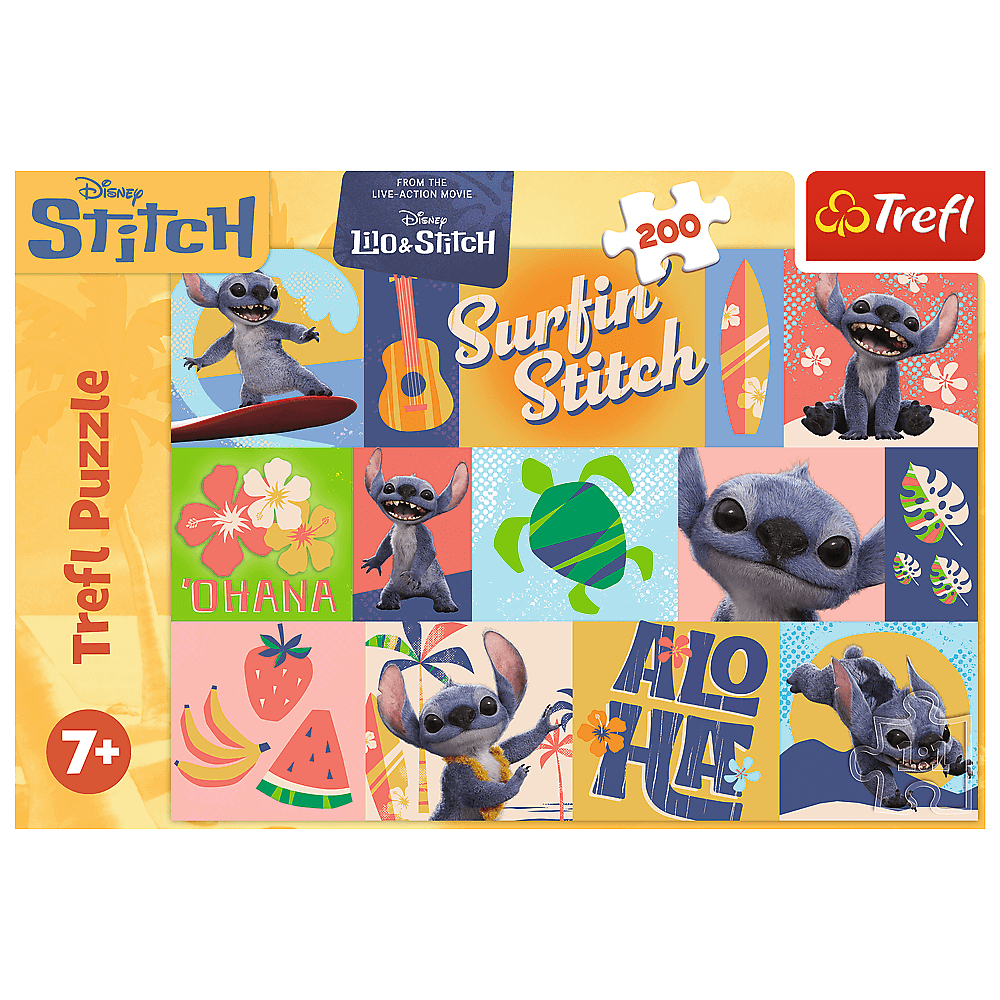 Ein Trefl-Puzzle mit Stitch mit Surf- und Hawaii-Themen. Enthält Bilder von Stitch, Blumen und einer Schildkröte.