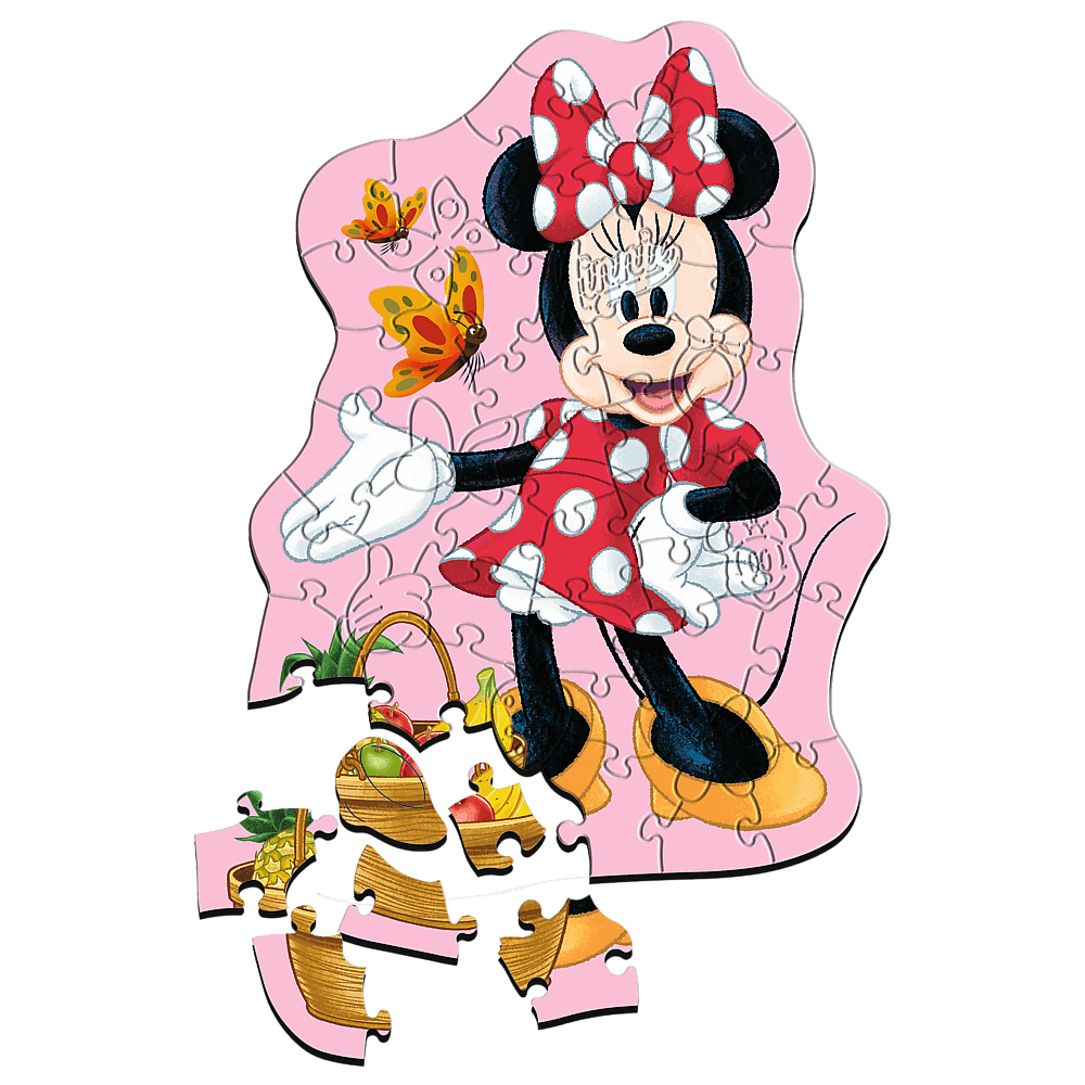 Minnie-Maus-Puzzle. Minnie in rotem Kleid mit weißen Punkten. Schmetterlinge und Obstkörbe im Hintergrund. Rosa Puzzleteile.