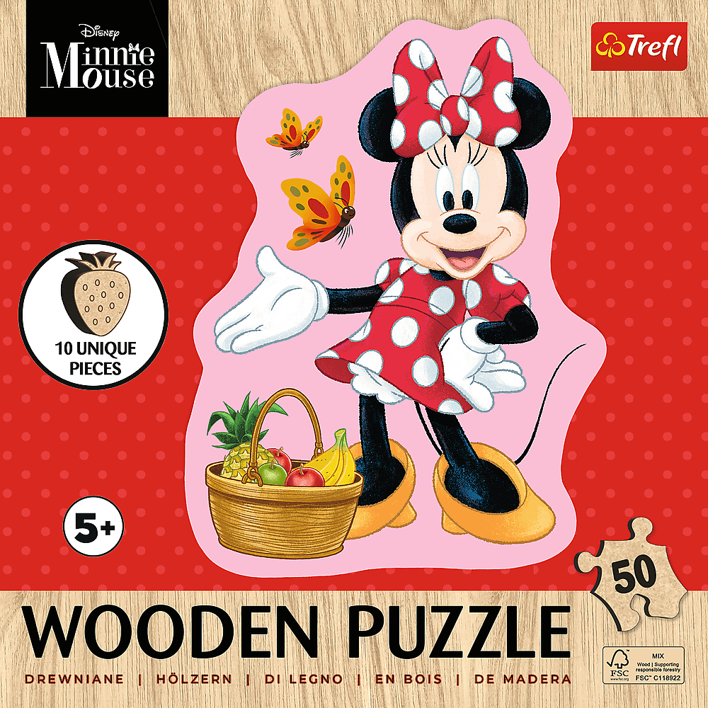 Minnie-Mouse-Puzzle. Minnie in einem roten Polka-Dot-Kleid, das einen Obstkorb hält. Schmetterlinge und Puzzleteile umgeben sie.