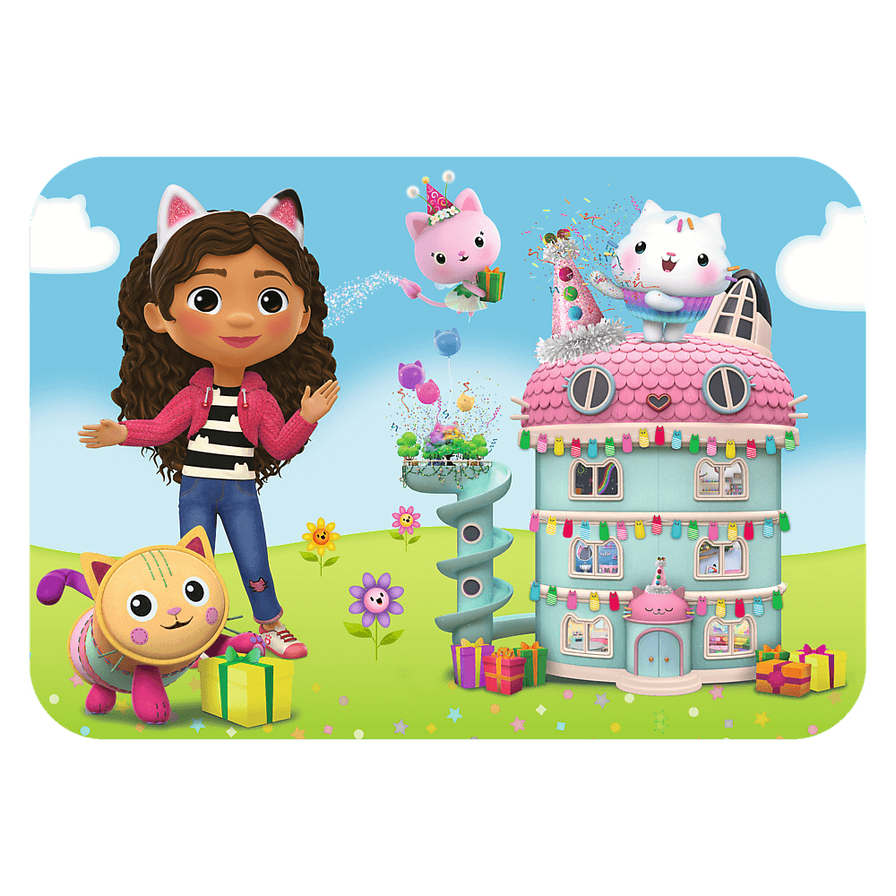 Une fille avec des oreilles de chat se tient près d'un chat et d'une maison colorée. Des personnages de chats roses et des cadeaux sont présents. Fond de ciel bleu.