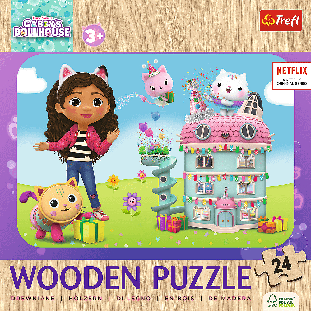 Puzzle mettant en vedette Gabby, des personnages de chats et une maison de poupée. Scène colorée avec une étiquette de puzzle en bois, logos Trefl et Netflix.