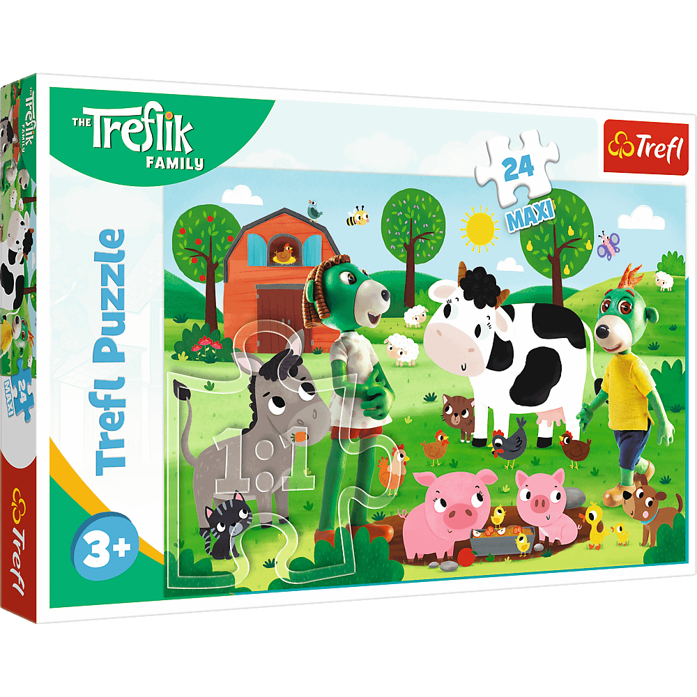Een Trefl puzzeldoos met boerderijdieren. Inclusief een koe, een varken, een ezel en meer. De puzzel is voor kinderen van 3+.