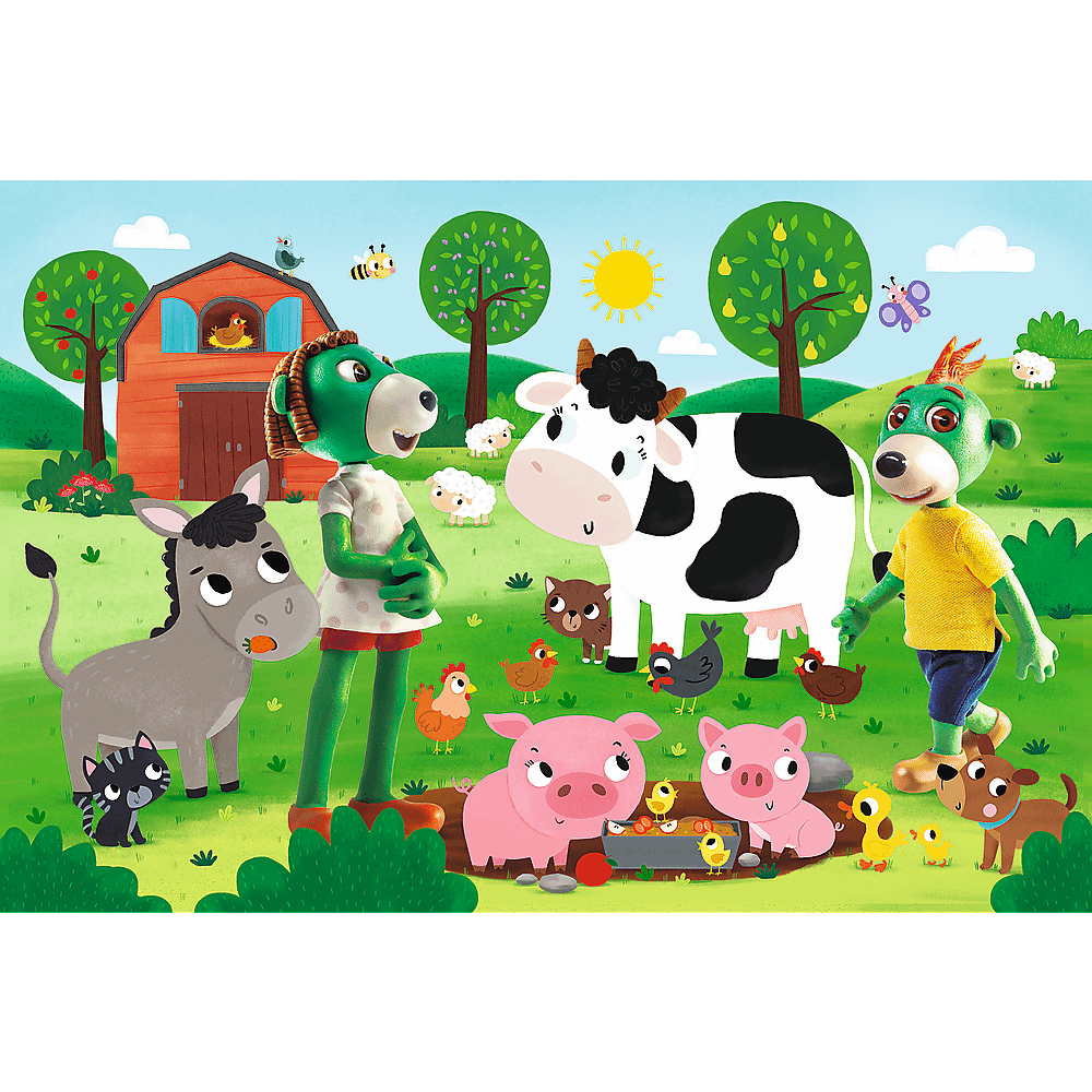 Een cartoonboerderijscène met verschillende dieren en personages. Een koe, varkens, kippen en personages met dierenkoppen zijn aanwezig.