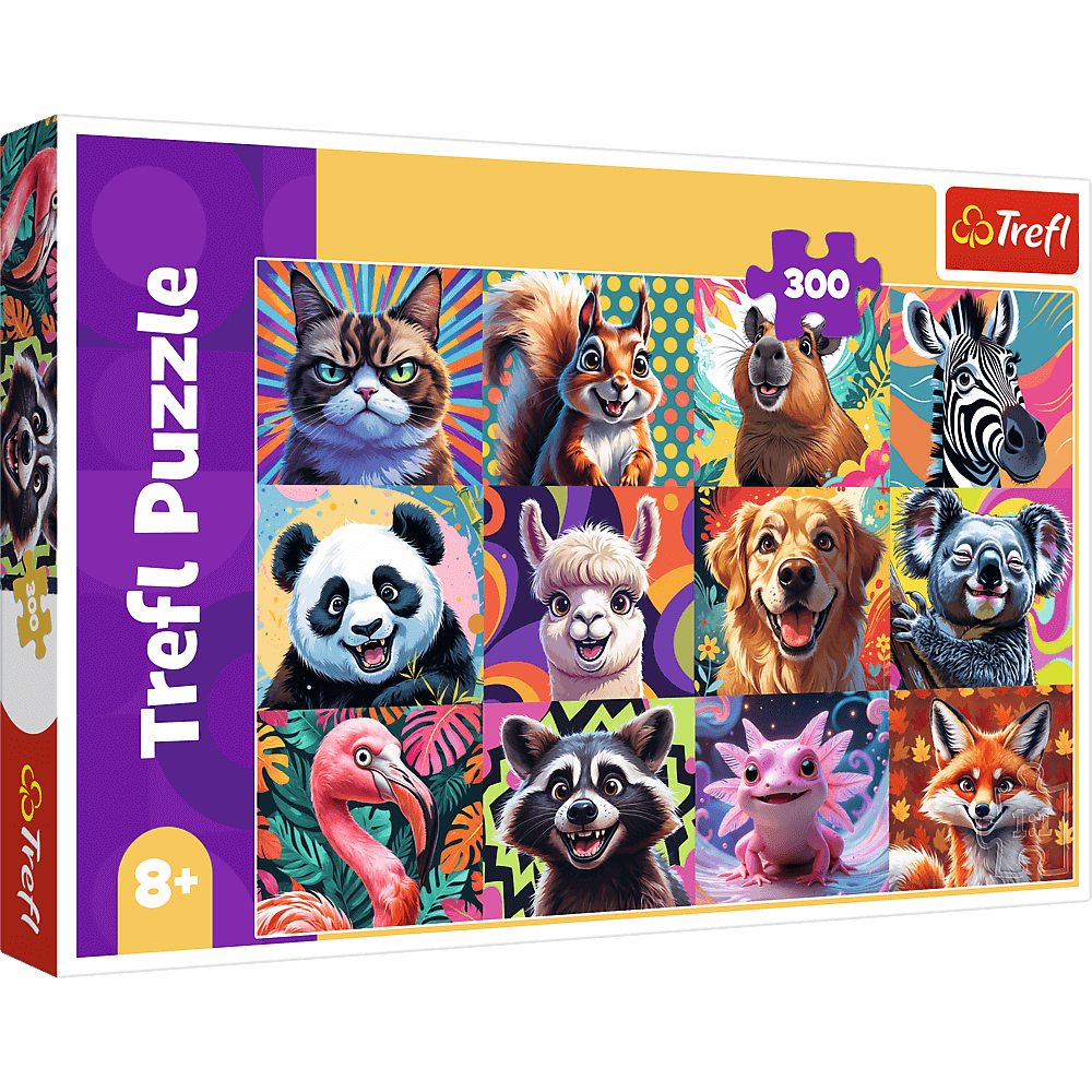 Eine Trefl-Puzzleschachtel mit Zeichentieren: Katze, Eichhörnchen, Panda, Lama, Hund, Koala, Flamingo, Waschbär, Axolotl, Fuchs und Zebra.