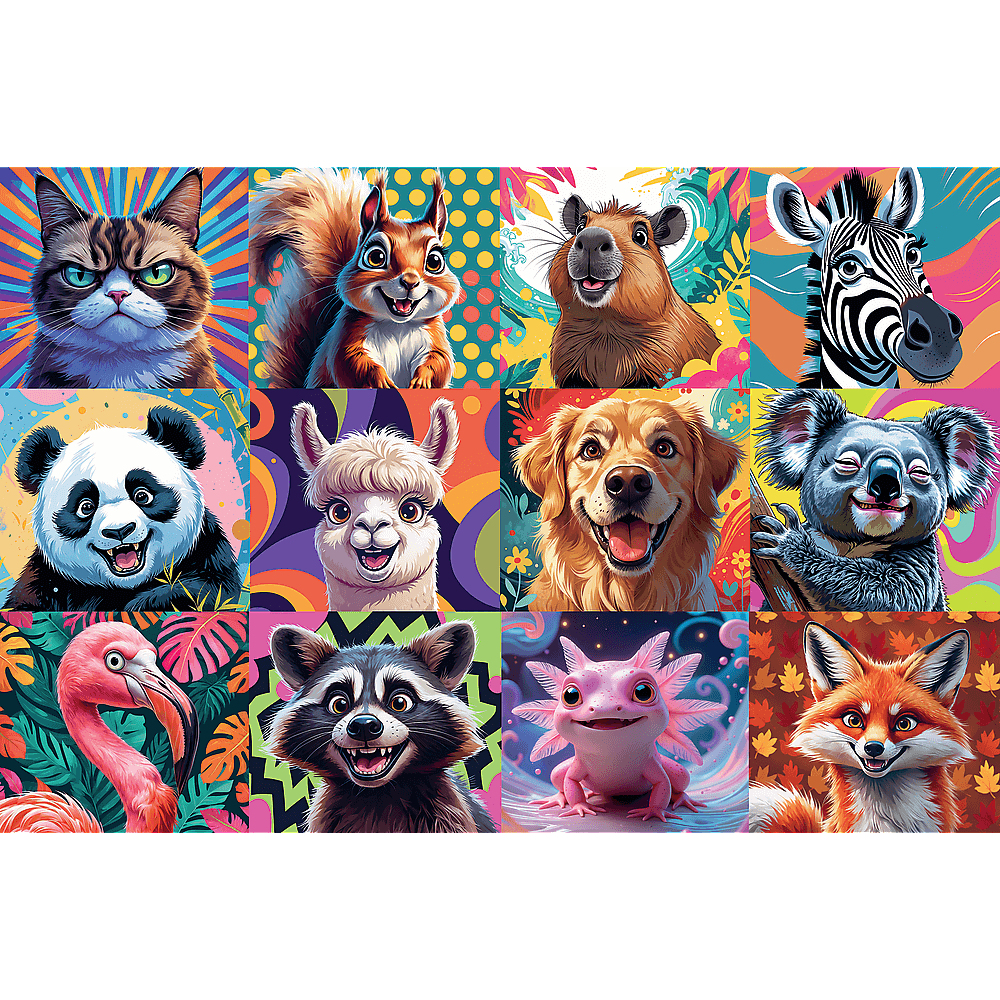 Ein farbenfrohes Raster mit Zeichentricktieren: Katze, Eichhörnchen, Capybara, Zebra, Panda, Lama, Hund, Koala, Flamingo, Waschbär, Axolotl und Fuchs.