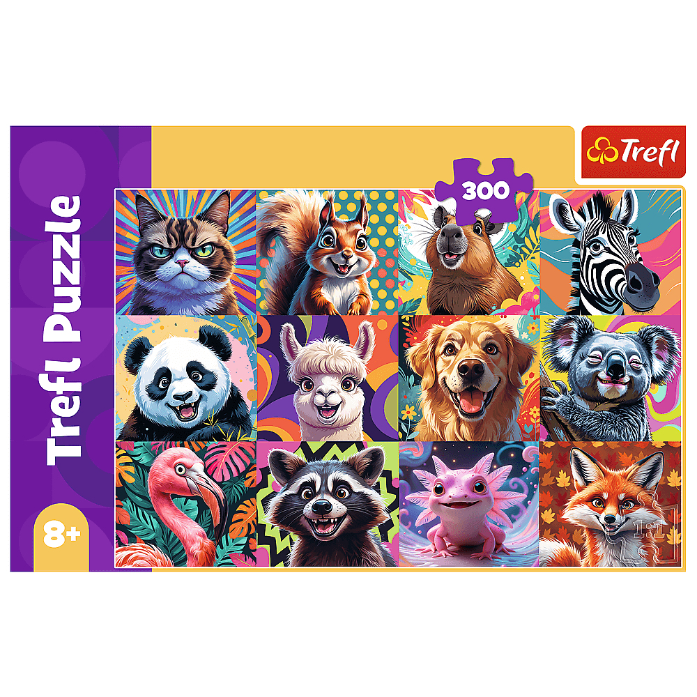 Ein Trefl-Puzzle mit Zeichentieren: Katze, Eichhörnchen, Capybara, Zebra, Panda, Lama, Hund, Koala, Flamingo, Waschbär, Axolotl und Fuchs.