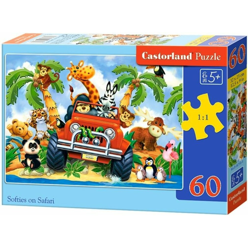 Eine Puzzledose mit einem roten Jeep und Stofftieren wie Giraffe, Zebra und Affe. Auf der Schachtel steht Softies on Safari.