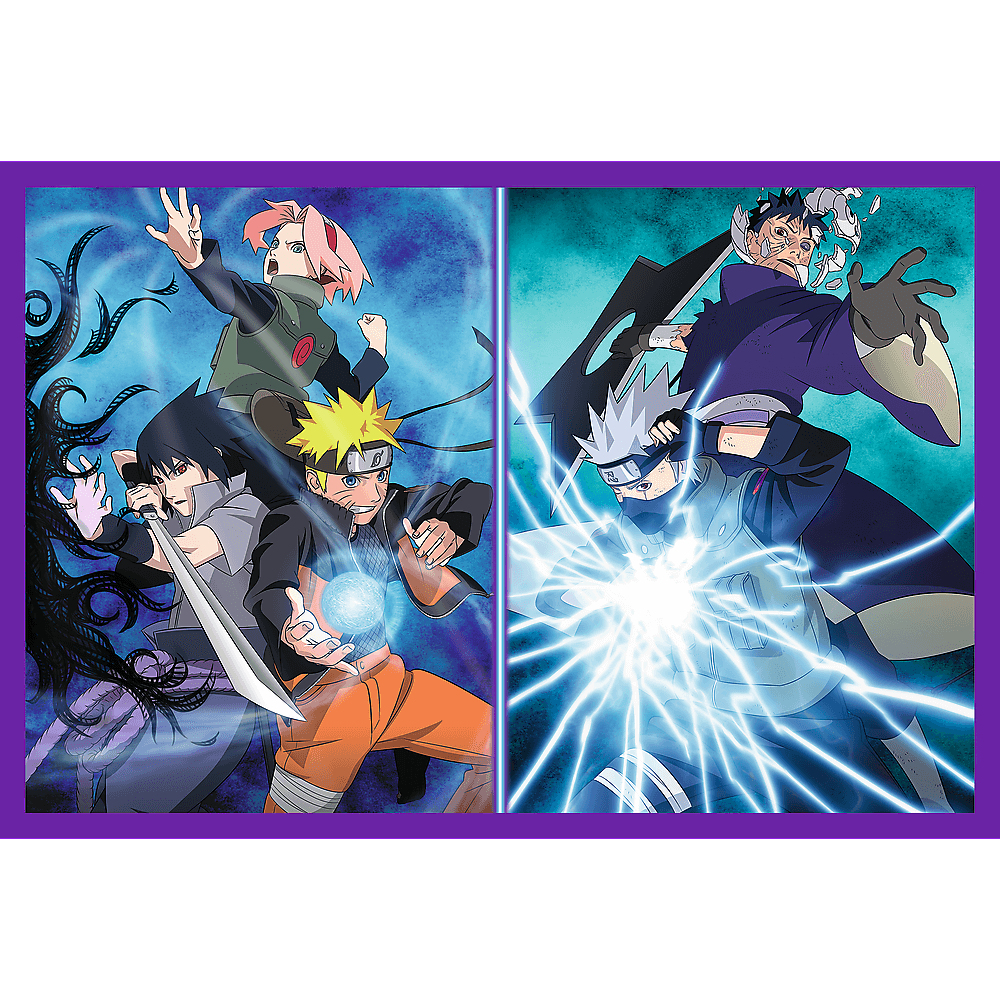Anime-Charaktere in Aktion. Naruto mit Energieball, Sasuke mit Schwert, Sakura, Kakashi mit Blitzen und andere Charaktere.