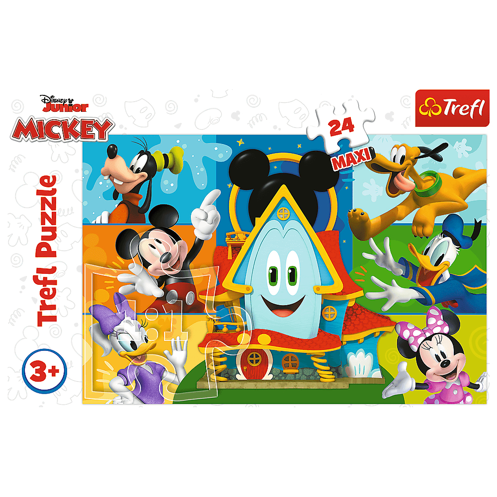 Micky Maus Puzzle. Micky, Minnie, Donald und Pluto sind abgebildet. Ein hausförmiges Puzzleteil und das Trefl-Logo sind ebenfalls zu sehen.