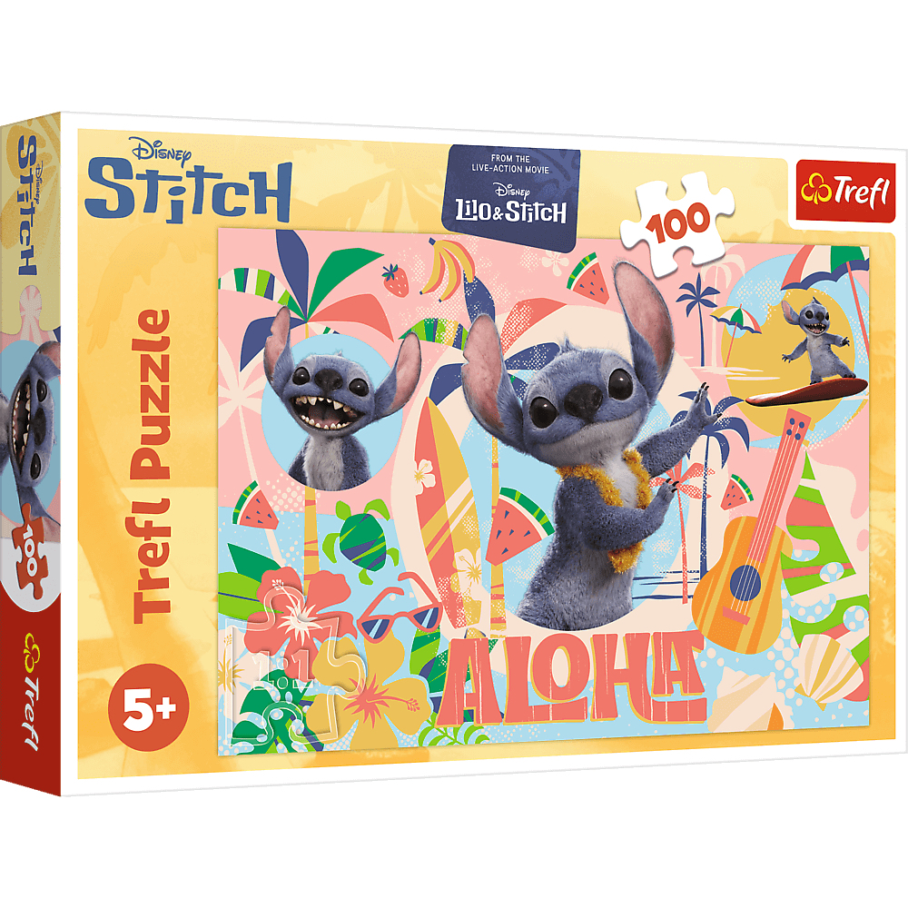 Puzzelbox van Stitch. Stitch bevindt zich in een Hawaiiaanse setting met het woord Aloha. De doos zegt Trefl Puzzle en 100 stukjes.