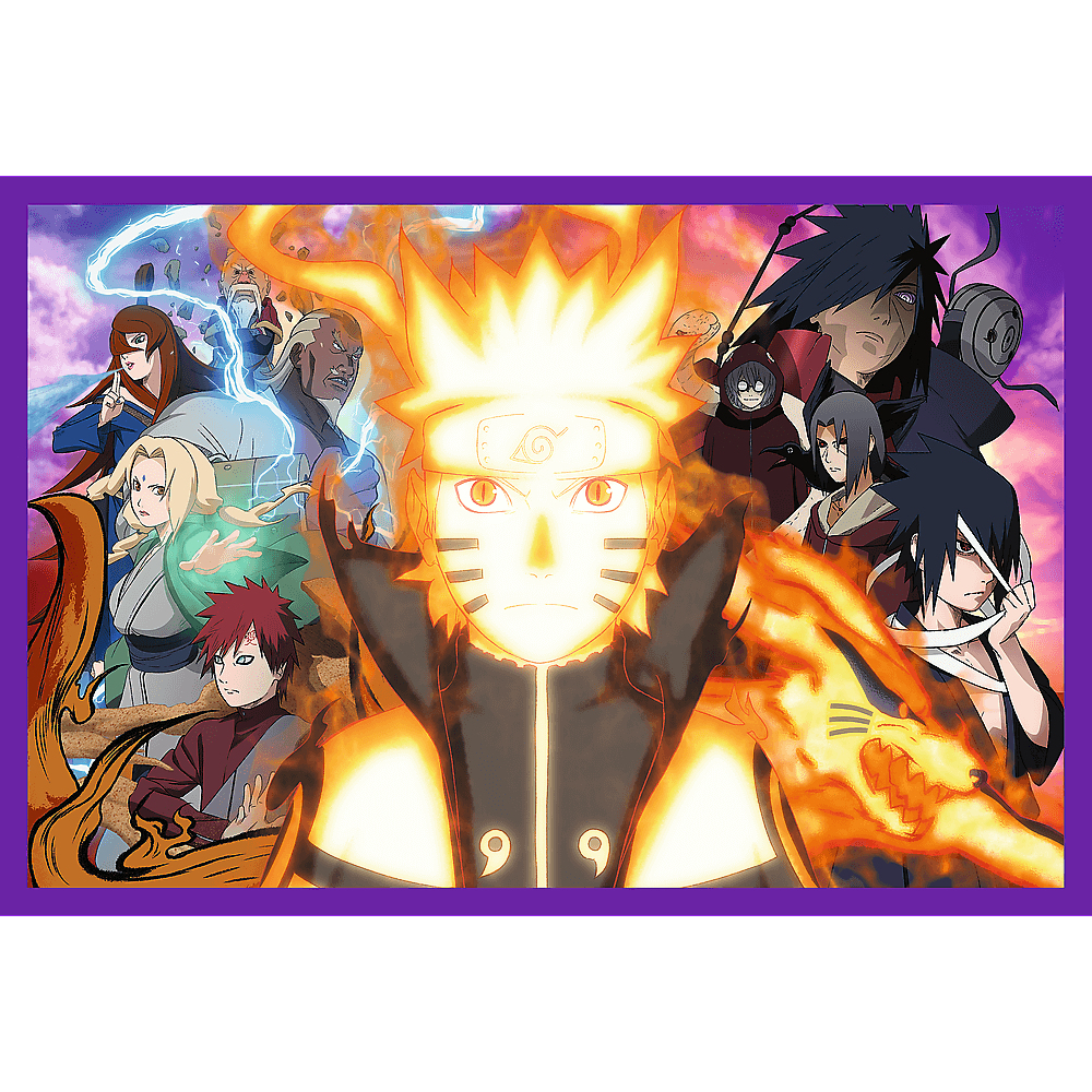 Naruto mit orangefarbener Energie, umgeben von anderen Anime-Charakteren. Feuriger Hintergrund mit lila Rand.