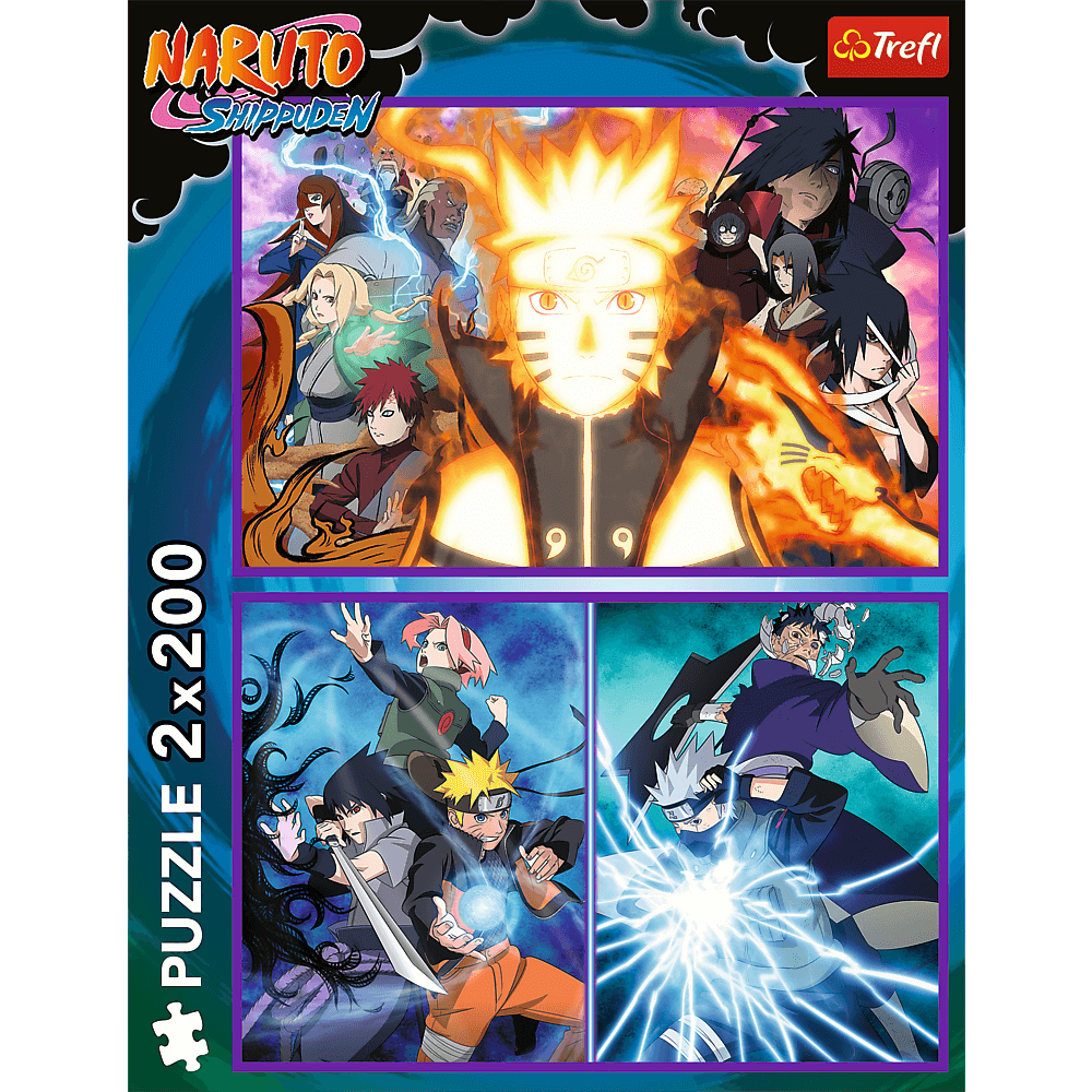 Puzzle mit Naruto-Charakteren. Oberer Teil zeigt Naruto mit orangefarbenen Flammen. Unten werden andere Charaktere in Action gezeigt.