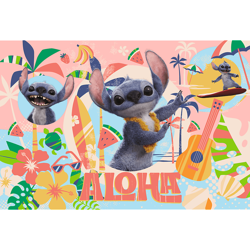 Stitch uit Lilo & Stitch in een kleurrijk Aloha-ontwerp. Stitch staat in verschillende poses met een ukelele en een surfplank. Kleurrijke achtergrond.