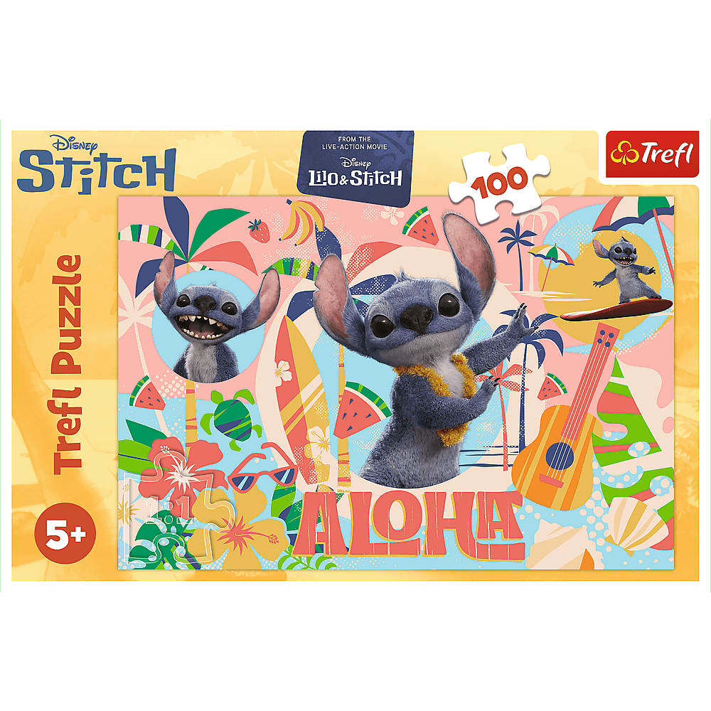 Een Trefl puzzeldoos. Het toont Stitch van Lilo & Stitch. Stitch is in een Aloha-scène. De doos heeft een leeftijdsclassificatie van 5+.