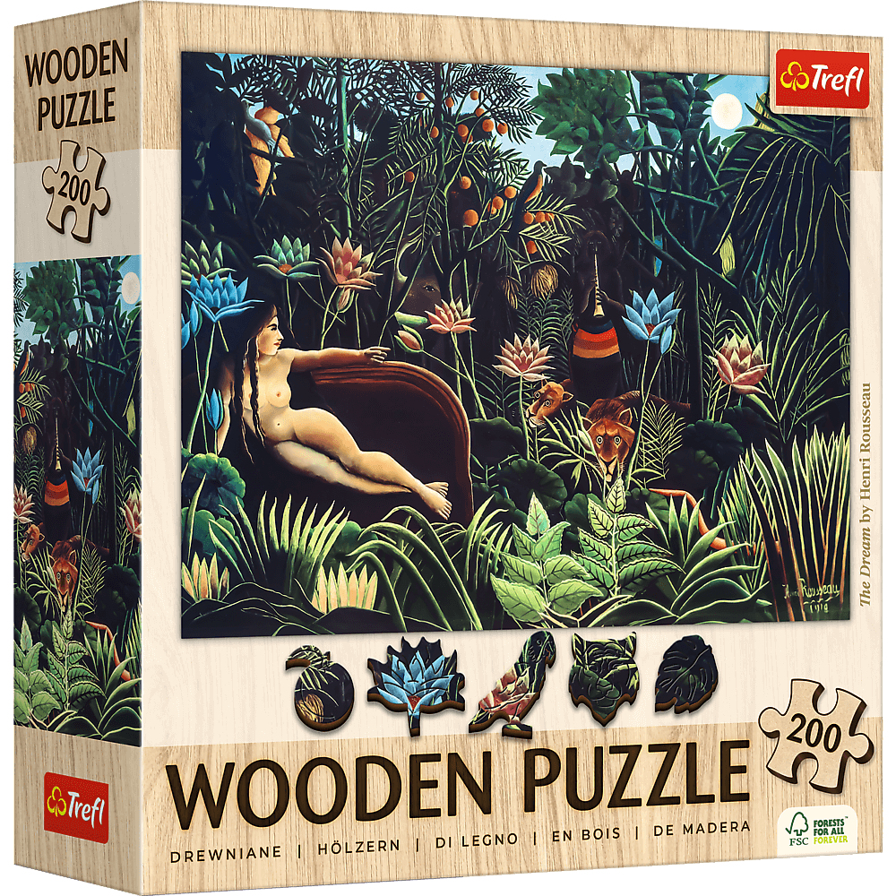 Puzzledose zeigt Rousseaus Gemälde 'The Dream'. Eine nackte Frau liegt in einem Dschungel mit Tieren und Blumen.