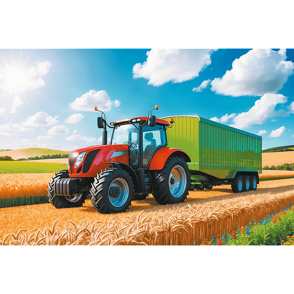 Ein roter Traktor zieht einen grünen Anhänger durch ein Weizenfeld unter einem strahlend blauen Himmel mit Wolken. Es ist ein sonniger Tag.