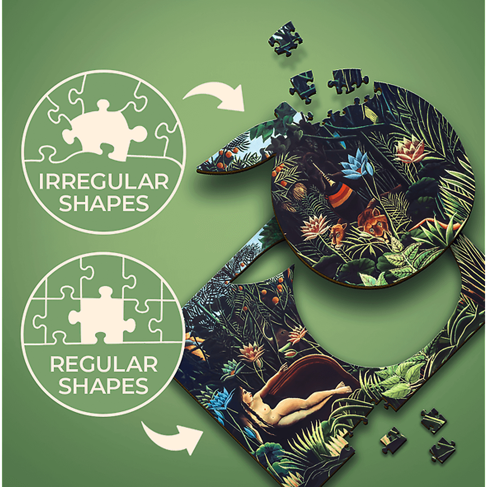 Ein Puzzle mit Dschungel-Szene und nackter Frau. Teile haben unregelmäßige und regelmäßige Formen. Grüner Hintergrund, weiße Pfeile.