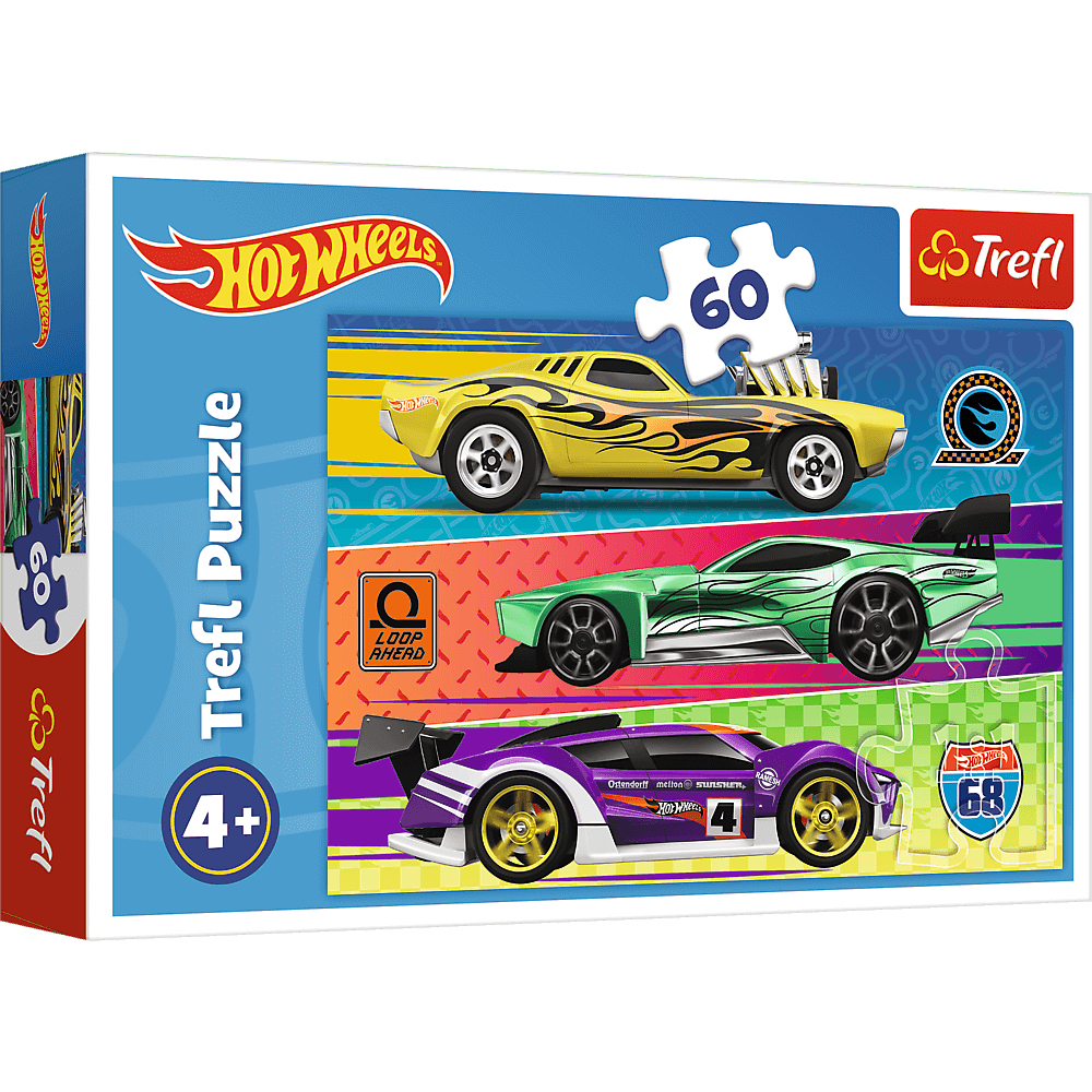 Pudełko z puzzlami Trefl z samochodami Hot Wheels. Zawiera żółty, zielony i fioletowy design samochodów. Pudełko ma oznaczenie wiekowe 4+.