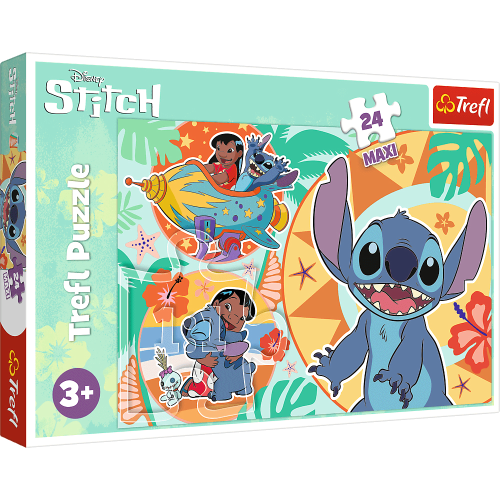 Een Trefl puzzeldoos. Het toont Stitch en Lilo in een raket, een puzzelstuk toont Stitch glimlachend. Op de doos staat 'Disney Stitch'.