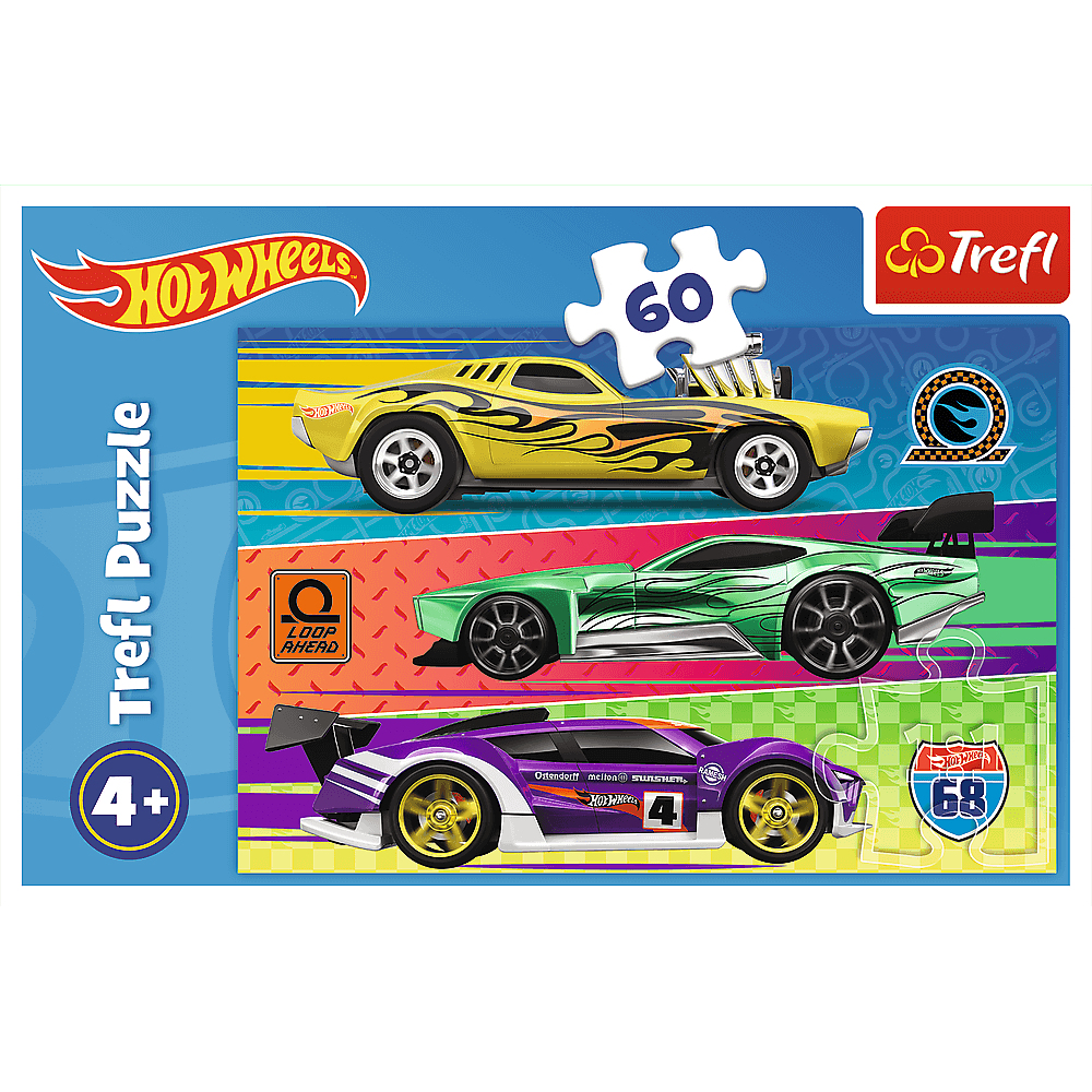 Puzzle Hot Wheels Trefl. Żółte, zielone i fioletowe zabawki samochodowe. Elementy układanki zawierają '60' i znak '68'.