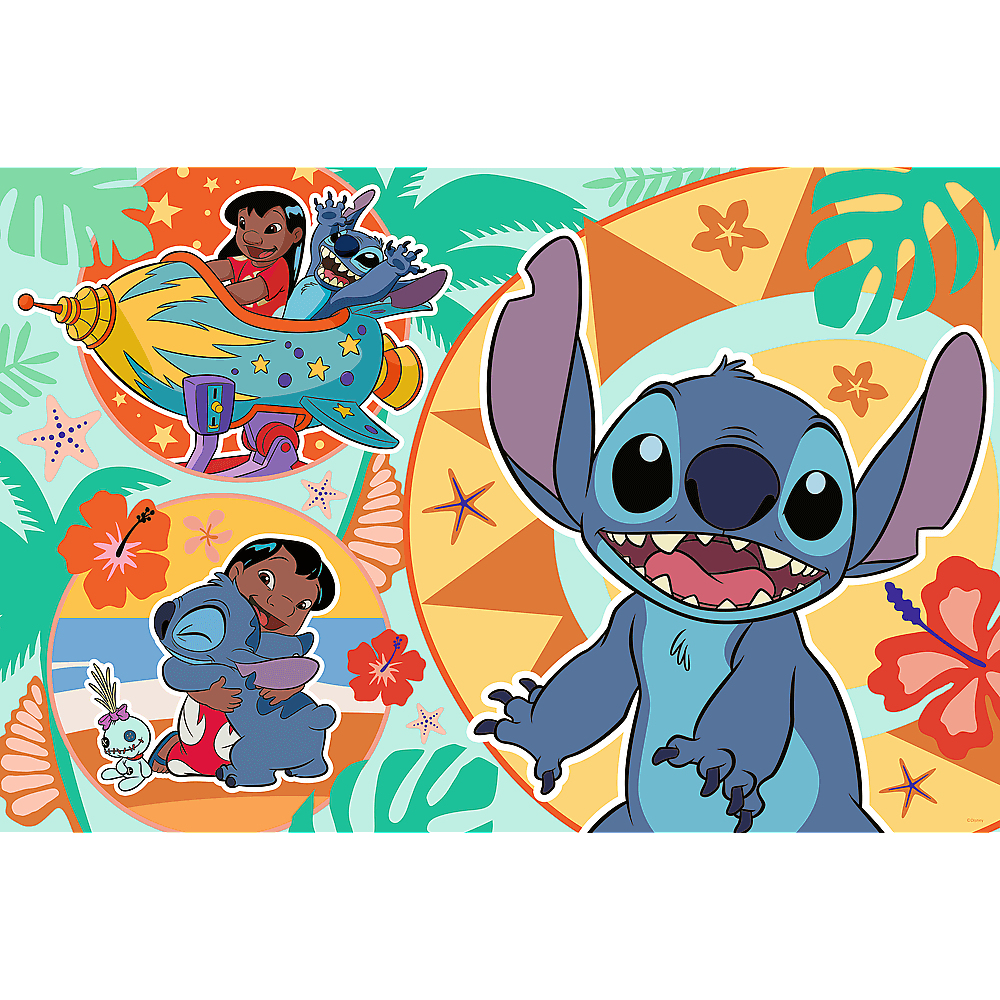 Stitch en Lilo in een kleurrijke scène. Stitch glimlacht. Lilo omhelst Stitch. Ze zitten in een ruimteschip. Tropische bloemen en bladeren zijn aanwezig.