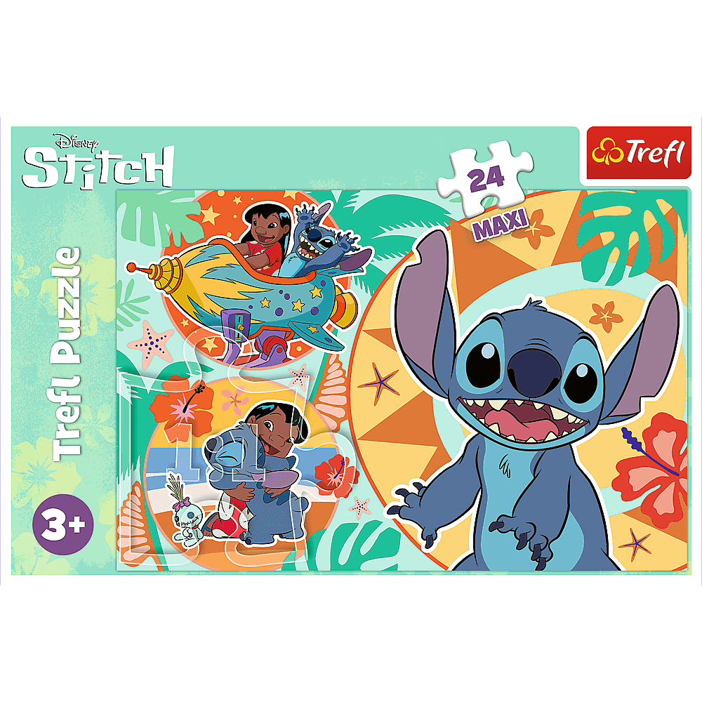 Stitch puzzelbox. Stitch en Lilo zitten in een geel voertuig. Stitch glimlacht breed. Puzzelstukjes in een cirkel met bloemen.