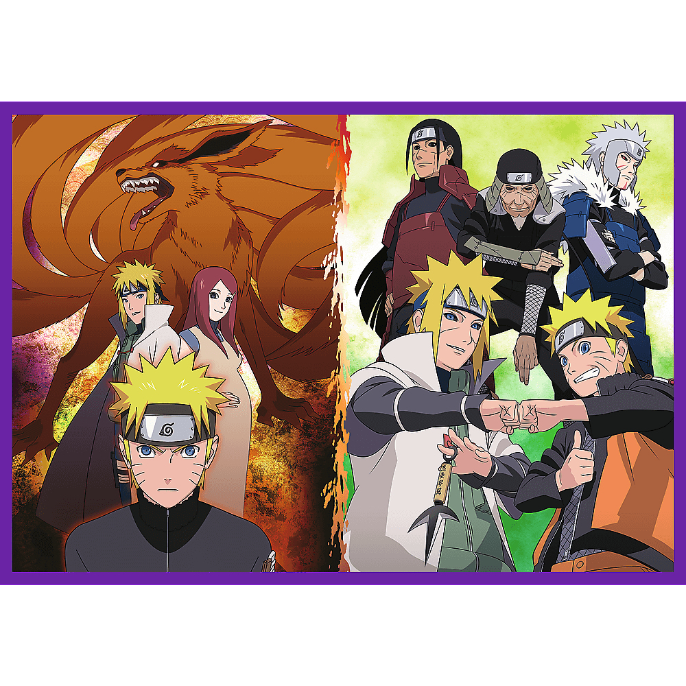 Plakat anime z postaciami Naruto. Dziewięcioogoniasty Lis i Naruto są po lewej, a inni po prawej.