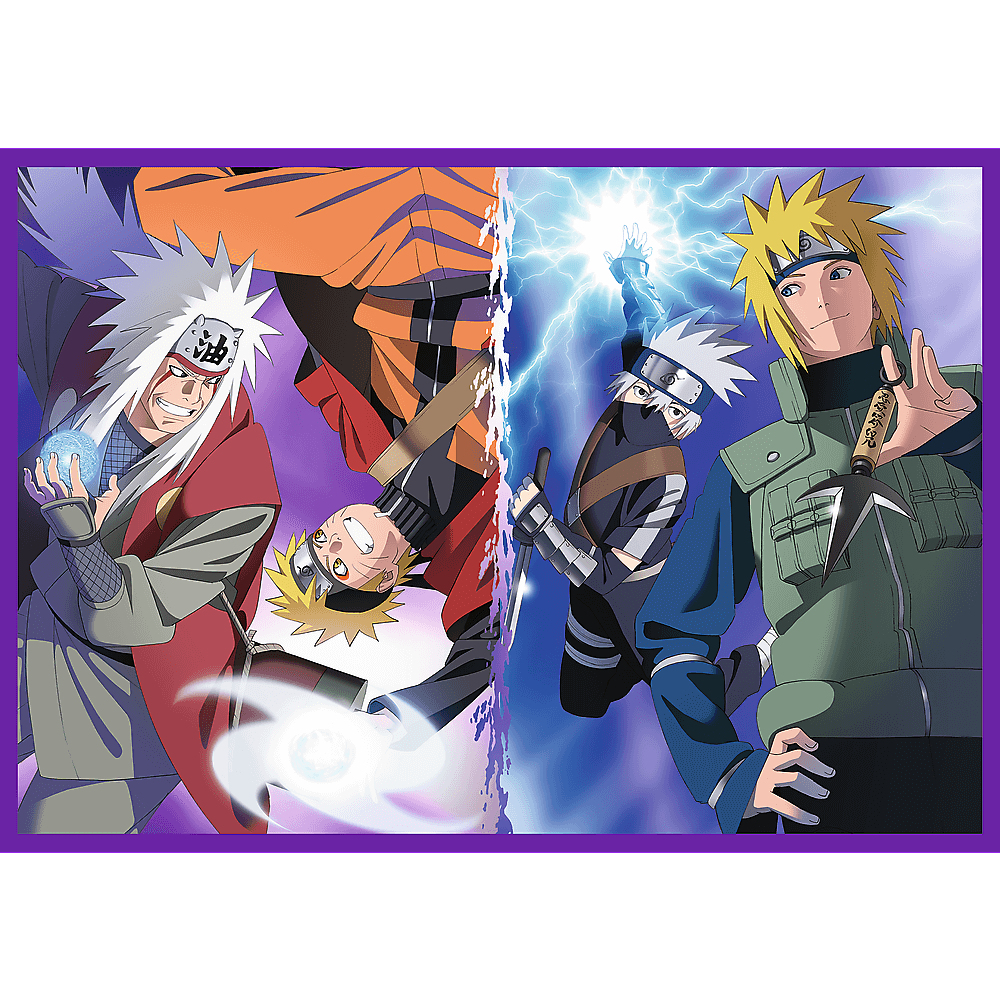 Postacie z anime. Naruto, Jiraiya, Kakashi i Minato. Każda postać w dynamicznej pozie, z żywymi kolorami i energicznymi błyskawicami.