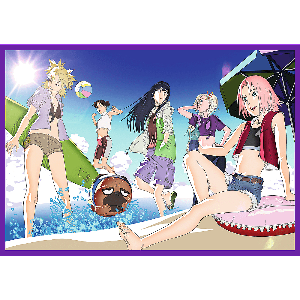 Scena na plaży z anime z sześcioma dziewczynami, psem i piłką plażową. Jedna dziewczyna siedzi. Niebo jest niebieskie. Scena jest jasna.