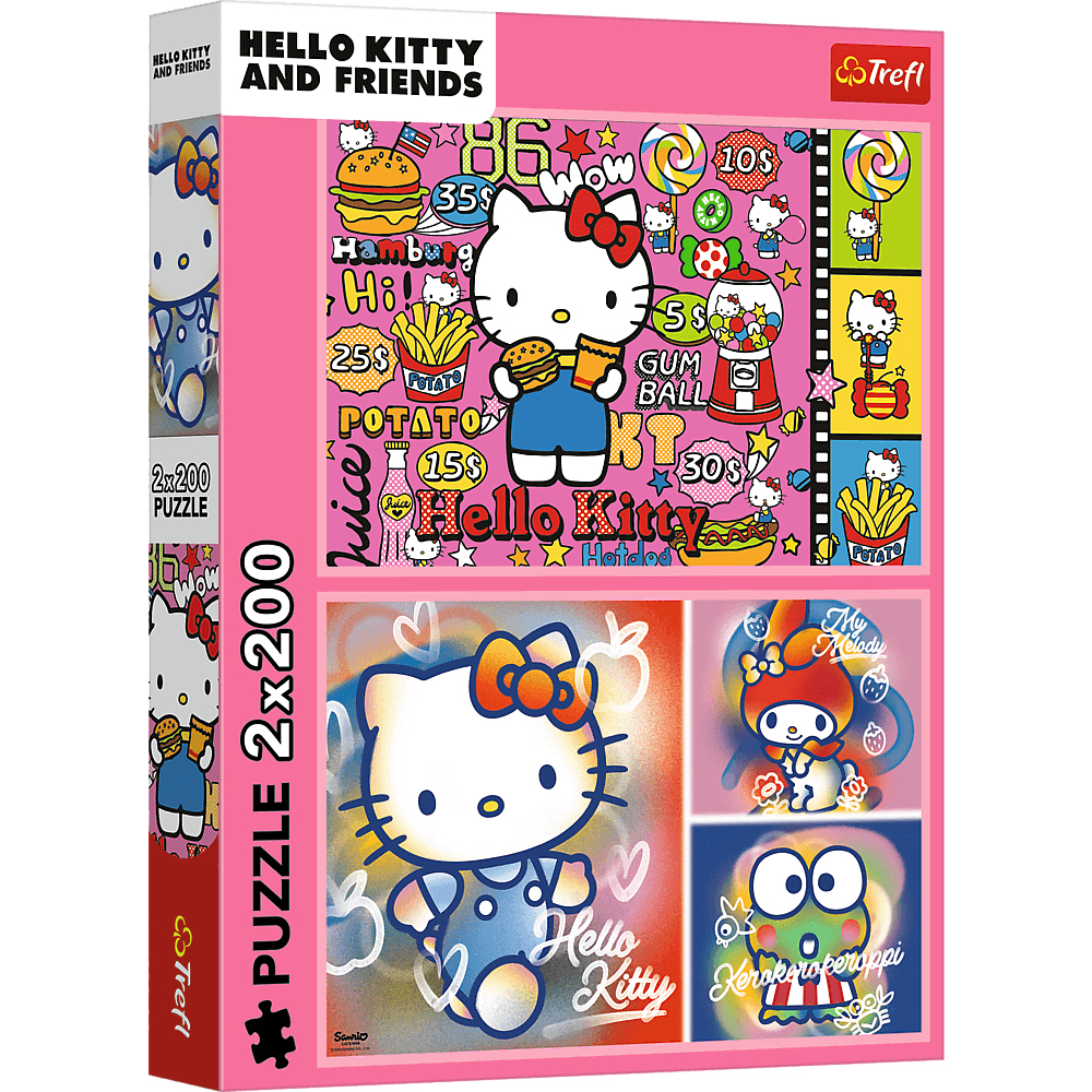 Boîte de puzzle Hello Kitty. Elle présente des illustrations de Hello Kitty avec des hamburgers, des frites et d'autres personnages, sur fond rose.