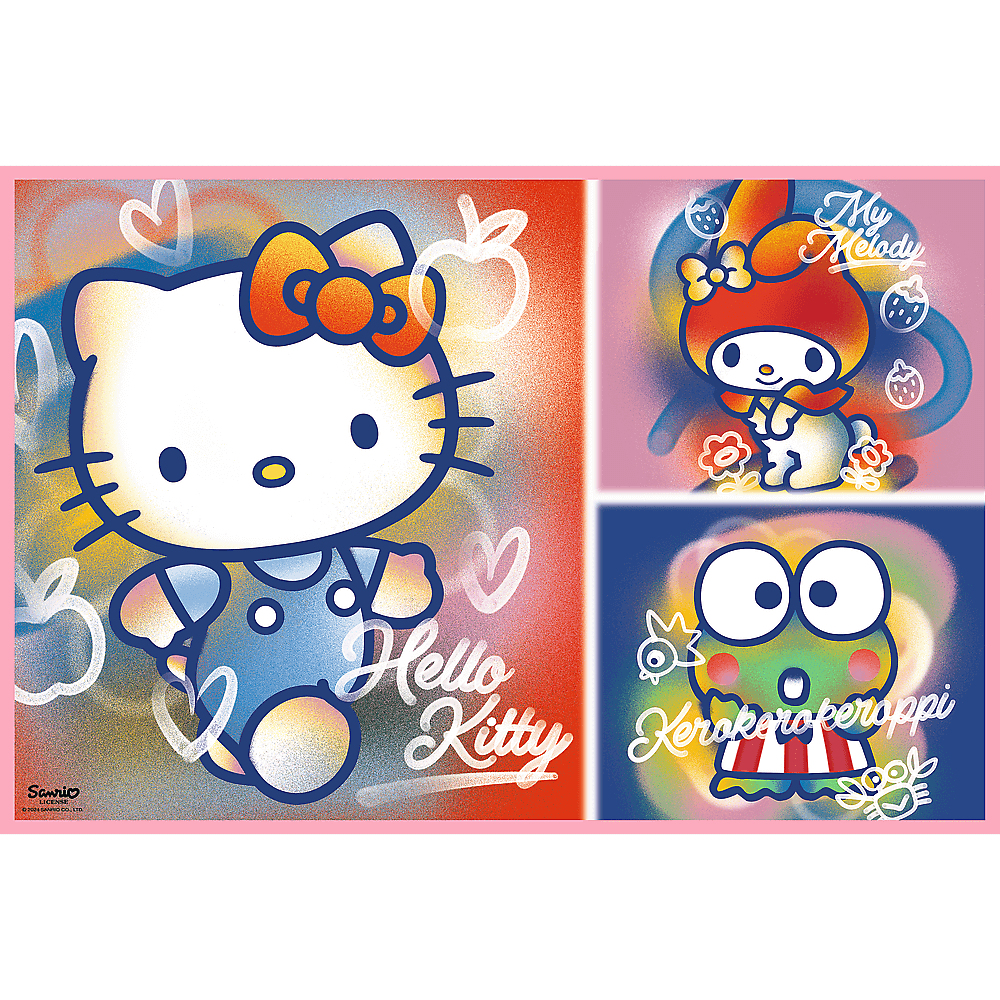 Personnages Hello Kitty, My Melody et Keroppi dans un style graffiti. Des cœurs et des pommes entourent Hello Kitty. D'autres personnages sont montrés.