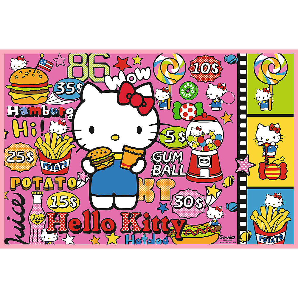 Hello Kitty avec burger et frites. Fond rose avec aliments, prix et personnages Hello Kitty. Texte : 'Hello Kitty'.