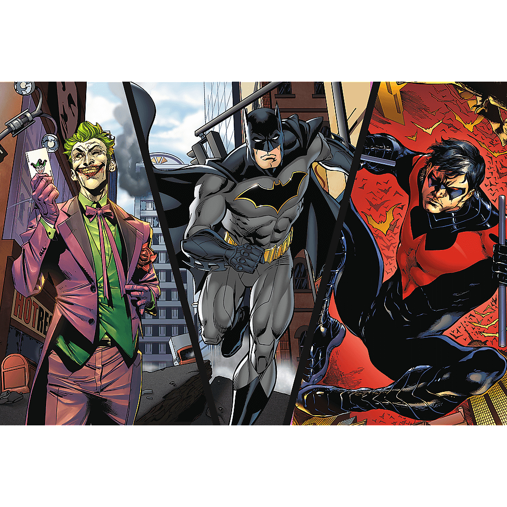 Comic-Kunst von Batman, Joker und Nightwing. Batman rennt vorwärts. Joker hält eine Karte. Nightwing in Kampfpose.