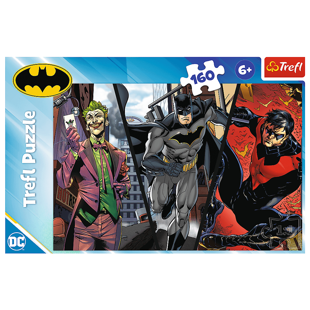 Puzzle zeigt Batman, Joker und Nightwing. Batman in der Mitte, Joker links mit Karte. Nightwing rechts, rot und schwarz.
