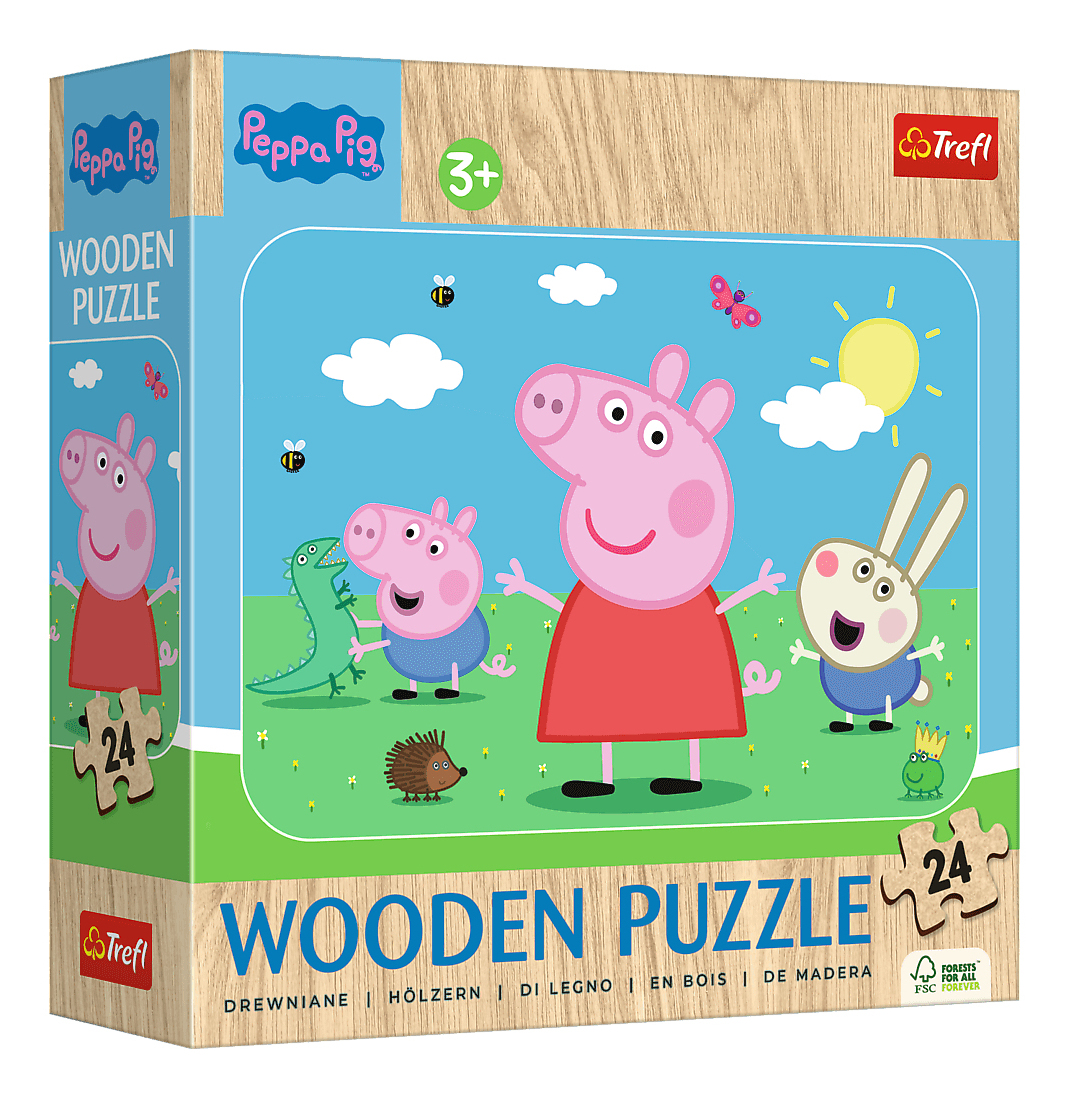 Eine Peppa Pig Holzpuzzle-Box. Sie zeigt Peppa Wutz, ihre Familie und Freunde in einer sonnigen Szene im Freien. Mit Trefl-Logo.