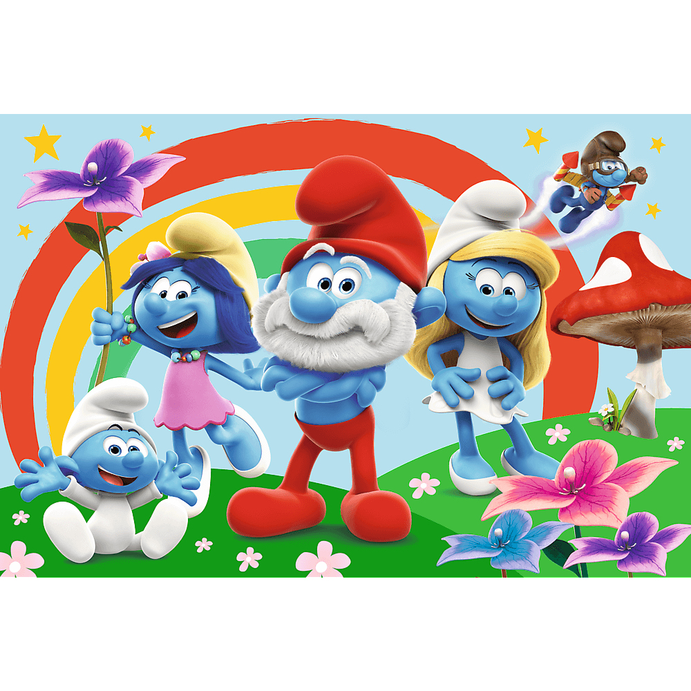 Das Smurfs-Cartoon-Bild: Papa Schlumpf, Schlumpfine und andere in einer bunten Szene mit Regenbogen, Blumen und einem Pilz.