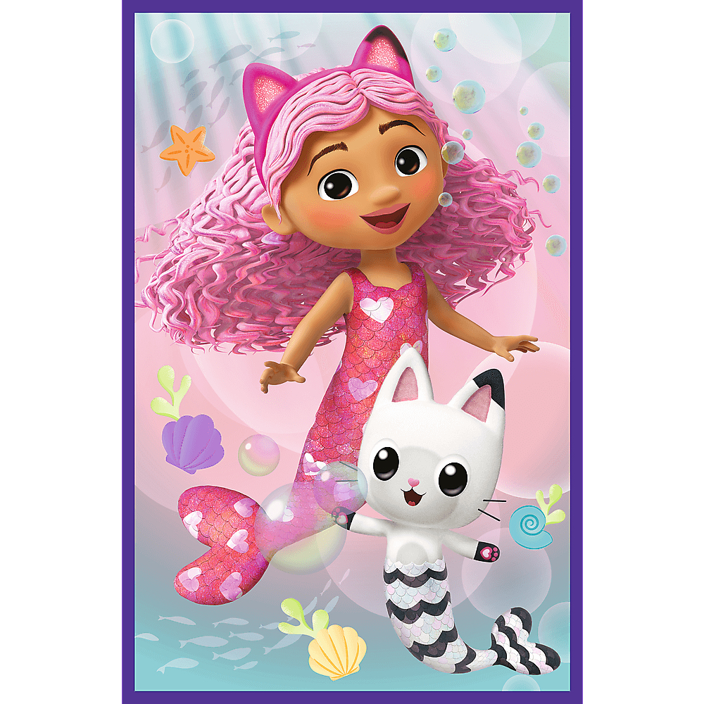 Ein Cartoon-Bild zeigt ein Mädchen mit rosa Haaren und einem Meerjungfrauenschwanz und eine weiße Katze mit einem Meerjungfrauenschwanz, beide in einer Unterwasserszene.