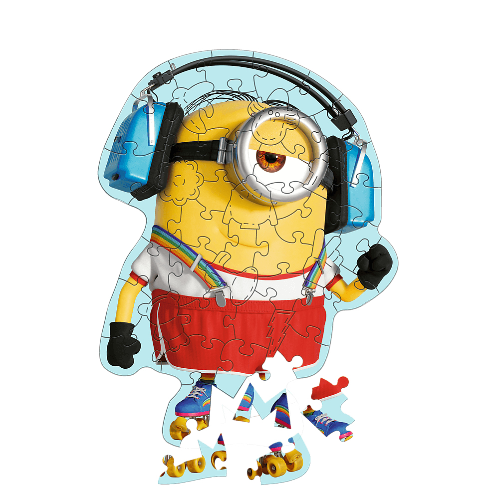 Ein Minion-Puzzle wird gezeigt. Es hat einen gelben Körper, rote Shorts und blaue Rollschuhe. Das Minion trägt Kopfhörer und einen Regenbogenriemen.