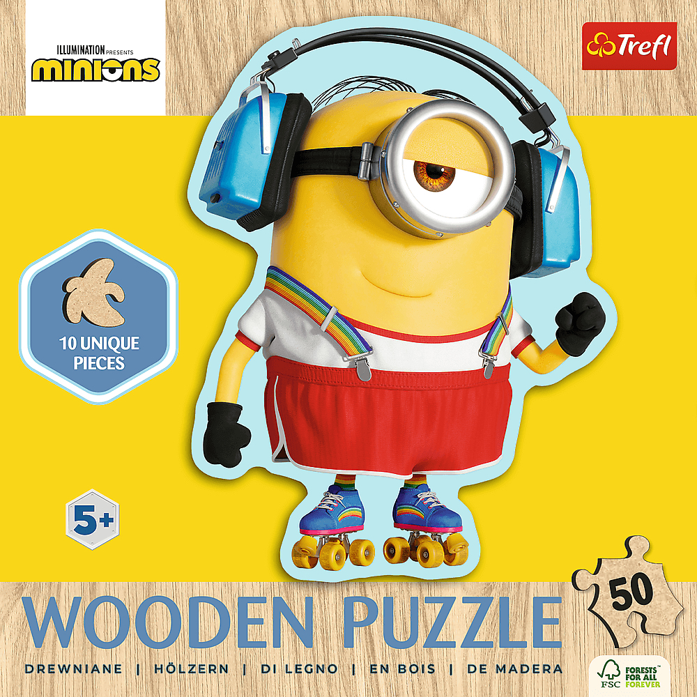 Ein Minion mit Kopfhörern und Rollschuhen auf einer Puzzleschachtel. Auf der Schachtel steht 'Wooden Puzzle' und 'Minions'.