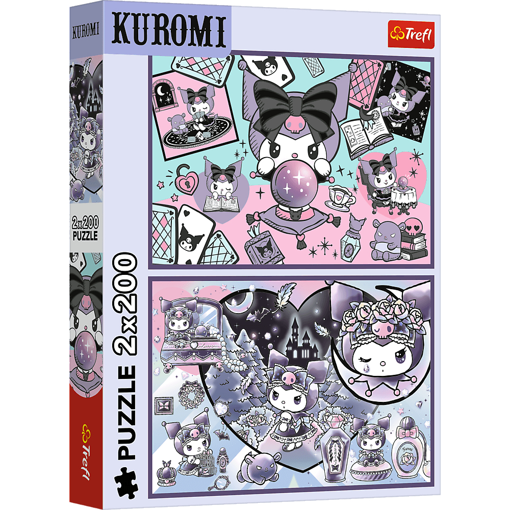 Une boîte de puzzle Kuromi. Elle présente Kuromi dans diverses scènes avec des cœurs, des étoiles et des éléments esthétiques sombres. C'est un puzzle Trefl.