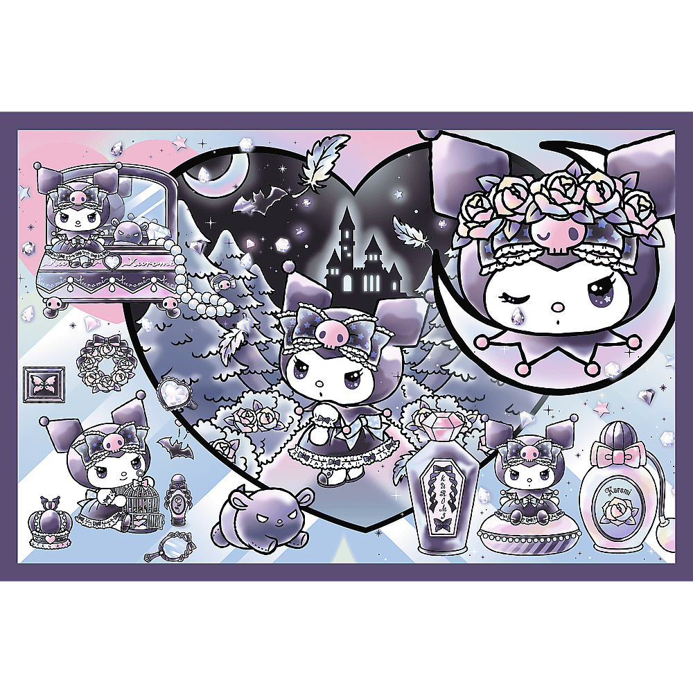 Illustration de personnages My Melody de style gothique, avec un château en arrière-plan, des flacons de parfum et des éléments décoratifs.