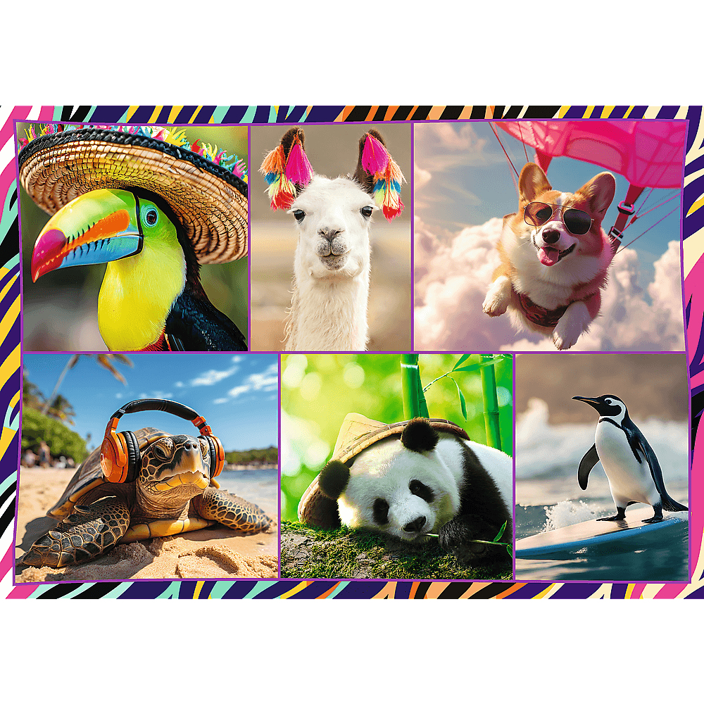Un collage d'animaux : Toucan, lama, chien avec des lunettes de soleil, tortue avec un casque, panda et pingouin surfant.