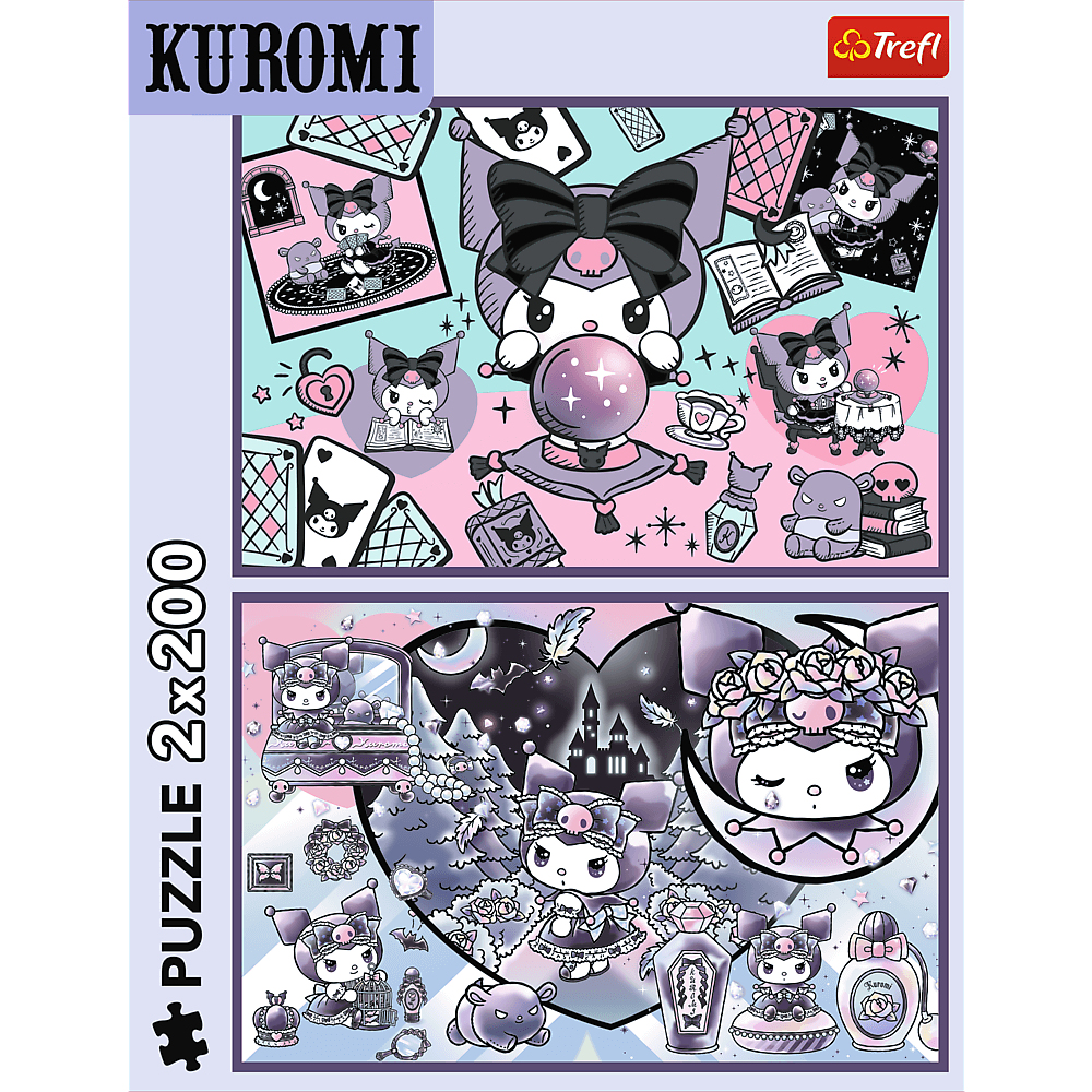 Puzzle Kuromi. Moitié supérieure : Kuromi avec une boule de cristal, des cartes et d'autres objets. Moitié inférieure : Kuromi avec un miroir et parfum.