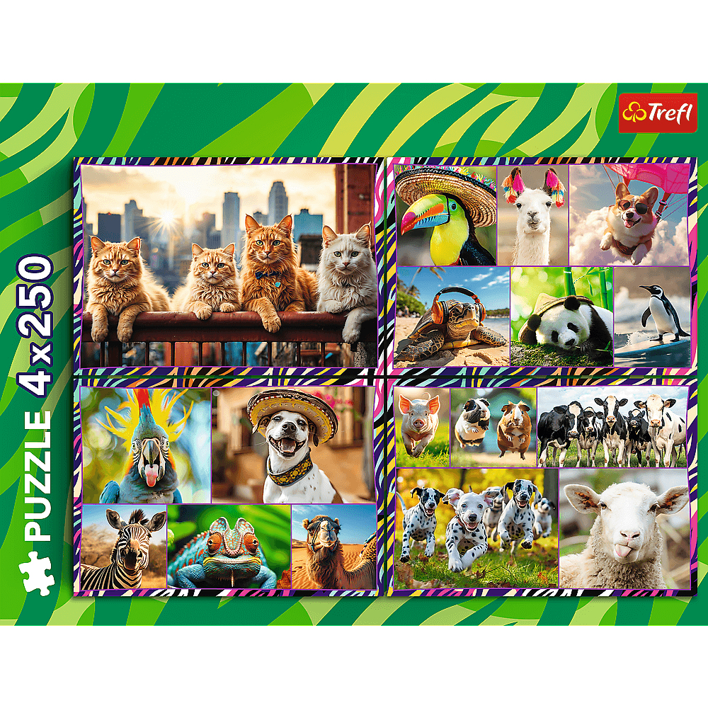 Puzzle montrant divers animaux : chats, toucan, lama, chien, tortue, panda, pingouin, cochon, vaches, chiens, mouton, zèbre, caméléon, chameau.