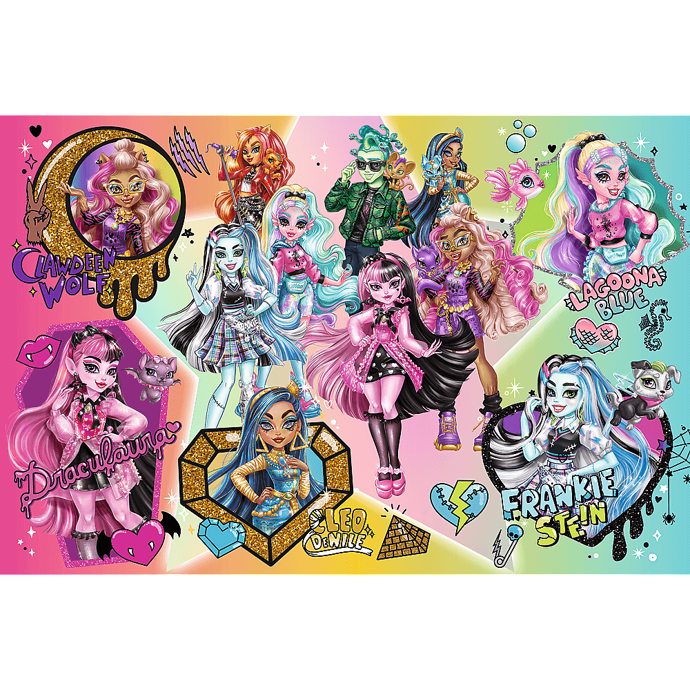 Ein Poster mit Monster High-Charakteren. Es sind verschiedene Mädchen mit bunten Haaren und Outfits, einige mit Haustieren. Der Hintergrund ist bunt.