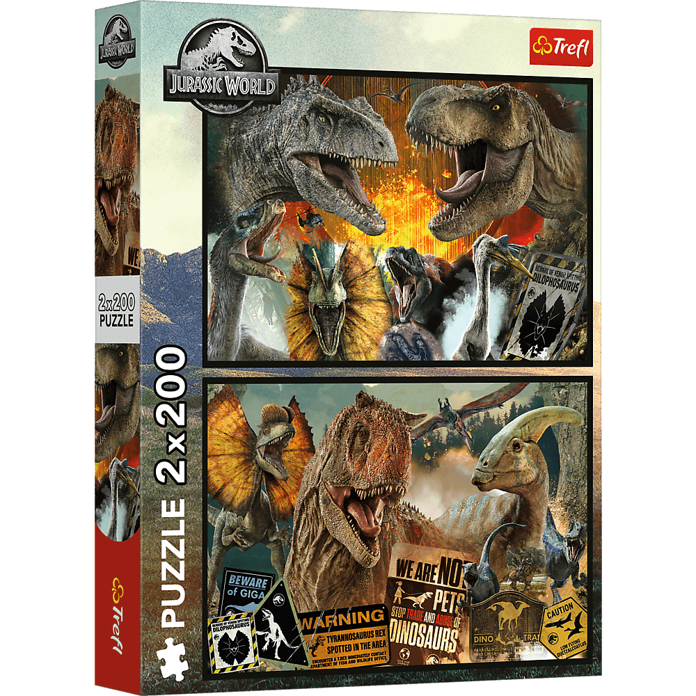 Eine Jurassic World Puzzlebox mit verschiedenen Dinosauriern. Enthält Tyrannosaurus Rex und Dilophosaurus mit Warnschildern.